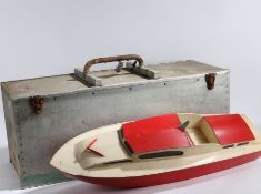 20th century wooden model boat, painted in red and white, approx. 88cm long, housed in metal case