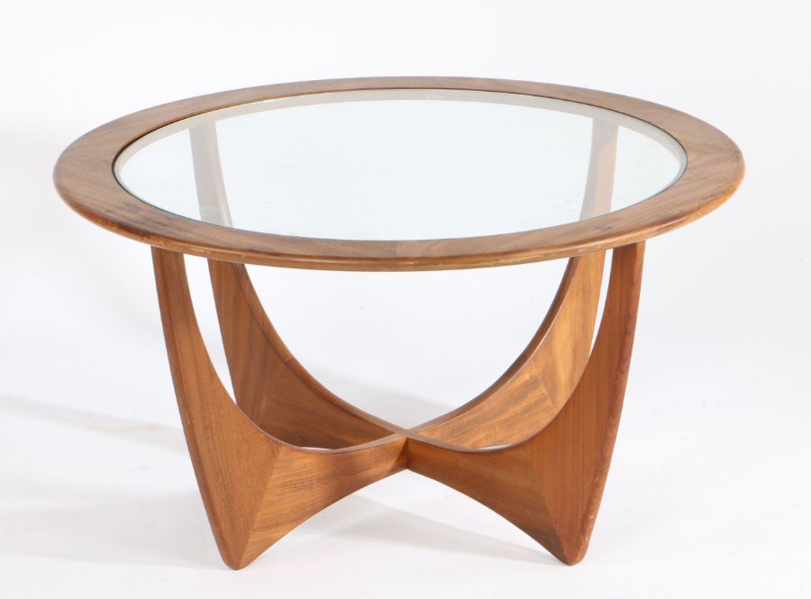 Mid Century G Plan style teak coffee table, with circular glass top, 84cm diameter, 45.5cm high