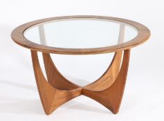 Mid Century G Plan style teak coffee table, with circular glass top, 84cm diameter, 45.5cm high