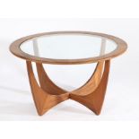 Mid Century G Plan style teak coffee table, with circular glass top, 84cm diameter, 45.5cm high