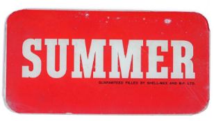 Summer glass advertising panel (from a Beckmeter petrol pump), in white lettering on a red ground,