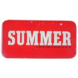 Summer glass advertising panel (from a Beckmeter petrol pump), in white lettering on a red ground,