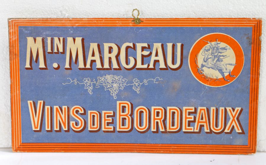 French wine bar/ cafe sign, "M.In Margeau Vins De Bordeaux" the sign in red and blue decorated