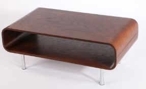 Modernist style coffee table, the oak effect two tier top raised on chrome legs, 90cm long, 50cm