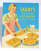 Saxby's card advertising sign, 'Saxby's Delicious Puff Pastry Ready for the Oven', 28.5cm high, 23cm