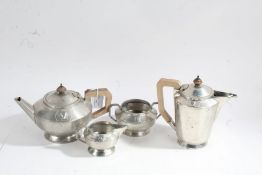 Art Deco pewter spot hammered four piece tea set, by W. Greenwood & Sons, Silversmiths, Leeds and