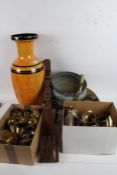 Large quantity of brass ware, two log carriers, a large orange glazed vase, ceramics and sundries