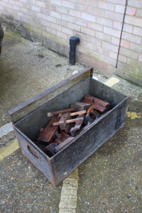 Wooden and metal bound chest of wooden working and moulding planes, and a wooden mallet (qty)