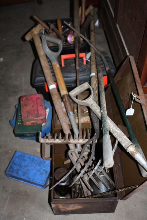 Tin trunk containing grease guns, together with two boxes of various tools and long handled garden