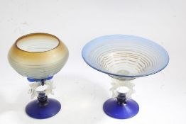 Two art glass pedestal bowls, the first with yellow tube lined bowl on a blue ground, the clear