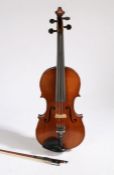 Violin with a 2-piece back together with a bow