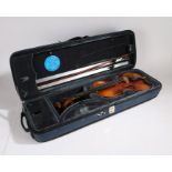 Violin, stamped 'BAUSCH' to the bridge, with bow, case, and accessories.