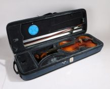 Violin, stamped 'BAUSCH' to the bridge, with bow, case, and accessories.