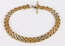 18 carat gold tri-metal gate link bracelet, stamped 750, 21cm long 13.6 grams