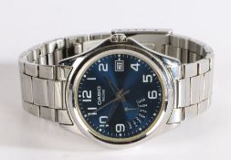 Casio gentlemans wristwatch, MTP-1369P, the blue dial with Arabic numerals date aperture and a day