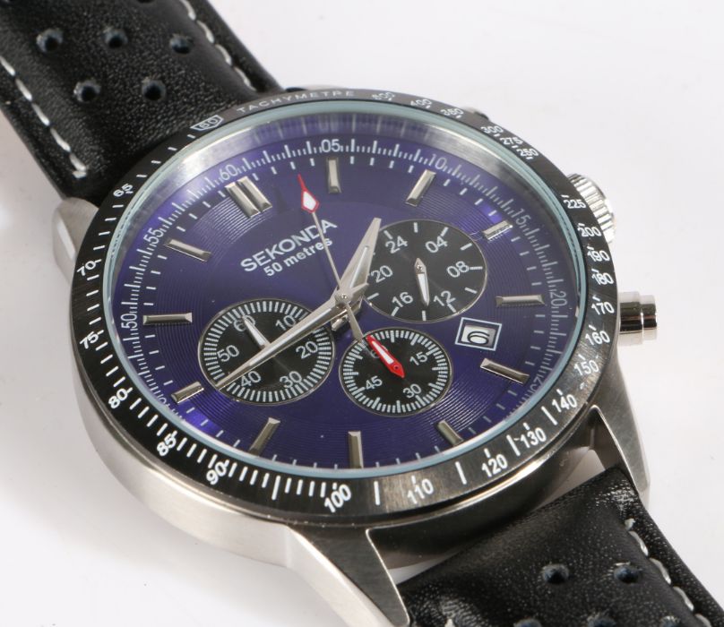 Sekonda chronograph wristwatch, the blue dial with baton markers and three dials and a date aperture