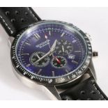 Sekonda chronograph wristwatch, the blue dial with baton markers and three dials and a date aperture