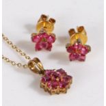9 carat gold chain link necklace set with a floral pink stone pendant together with a similar pair