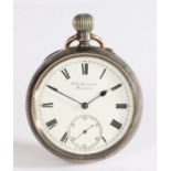 Edward VII silver open face pocket watch by J.W. Benson, the case London 1904, the signed white dial