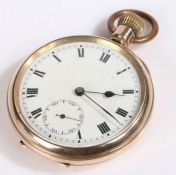 Early 20th Century gold plated open face pocket watch, the white enamel dial with Roman numerals and