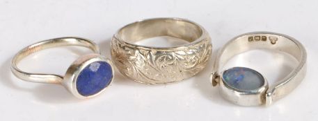 Three silver rings, one example set with lapis lazuli, gross weight 13.1 grams