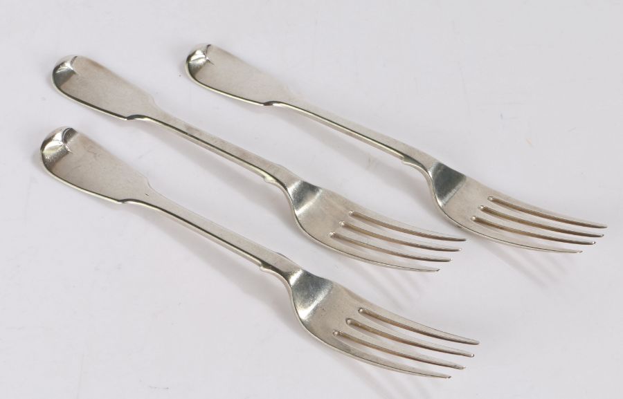 Three William IV silver dessert forks, London 1837, maker Mary Chawner, the fiddle pattern handles