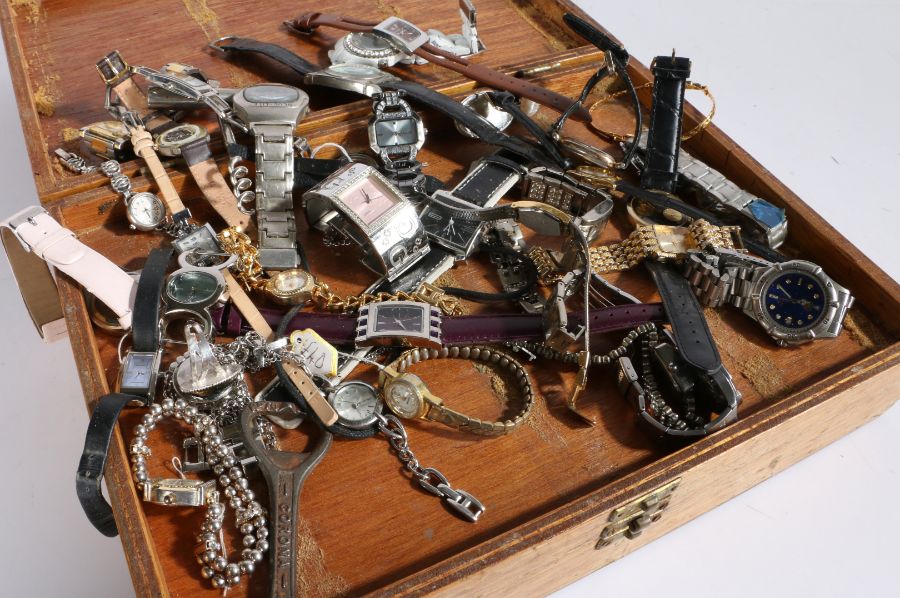 Collection of various wristwatches to include faux Rolex etc housed within a wooden box (Qty)