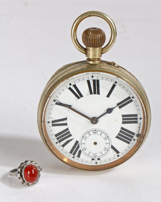 Metal pocket watch with a white face and roman numerals and a subsidiary style seconds face, 64.5mm, - Image 2 of 2