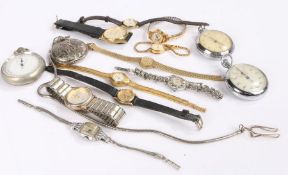 Fifteen watches to include three pocket watches, two stop watches and two wristwatches, various