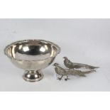 Silver plated punch bowl with foliate cast border, pair of silver plated pheasants (3)