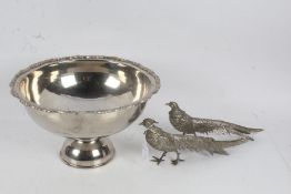 Silver plated punch bowl with foliate cast border, pair of silver plated pheasants (3)