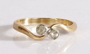 9 carat gold and diamond ring, the head set with two round cut diamonds, weight 1.9 grams