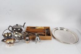 Silver plated ware, to include oval tray teapot, two sauceboats, sugar bowl, cased fish knives and