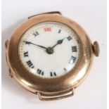 9 carat gold cased mid early 20th century wristwatch, with a white dial and Roman numerals, gross