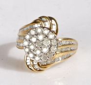 9 carat gold and diamond cluster ring, the head set with many round cut and baguette stones,