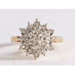 9 carat gold and diamond cluster ring, the head in the form of a flower set with many illusion set