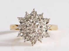 9 carat gold and diamond cluster ring, the head in the form of a flower set with many illusion set