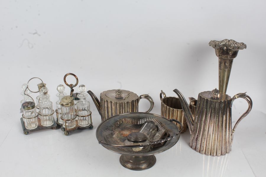 Silver and plated ware to include two silver lidded glass dressing table pots, four piece tea set,