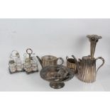 Silver and plated ware to include two silver lidded glass dressing table pots, four piece tea set,