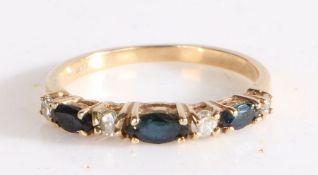 9 carat gold diamond and sapphire ring, the head set with three claw mounted sapphires and four