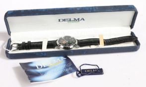 Delma gentleman's stainless wristwatch, the signed black sunburst effect dial with chrome tapering