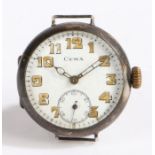 Cyma trench style gentleman's silver wristwatch, the signed white enamel dial with Arabic