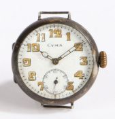 Cyma trench style gentleman's silver wristwatch, the signed white enamel dial with Arabic