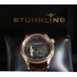 Sturhling "Skeleton Mechanical" gentleman's rose gold plated stainless steel watch, the signed