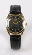 Tissot Bumper gold plated gentleman's wristwatch, circa 1950, the tropical signed black dial with