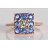 A sapphire and diamond set ring, in the Art Deco manner, the square head set with a central