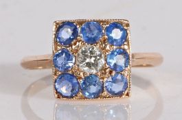 A sapphire and diamond set ring, in the Art Deco manner, the square head set with a central