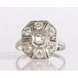 A beautiful Art Deco platinum and diamond plaque ring of geometric design, having an old cut diamond