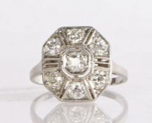 A beautiful Art Deco platinum and diamond plaque ring of geometric design, having an old cut diamond