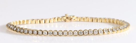 18 carat gold tennis bracelet, with 64 brilliant cut diamonds adding up to an approximate weight